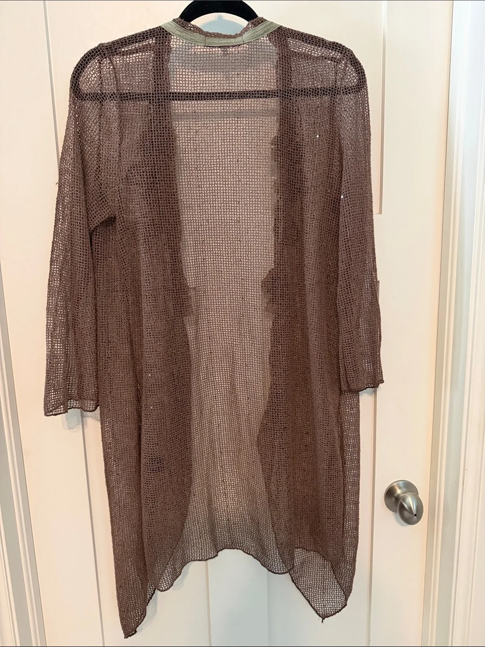 Scrap Work Linen and Cotton Blend Taupe Open-Knit Floral Trim Cardigan - Picture 5 of 7